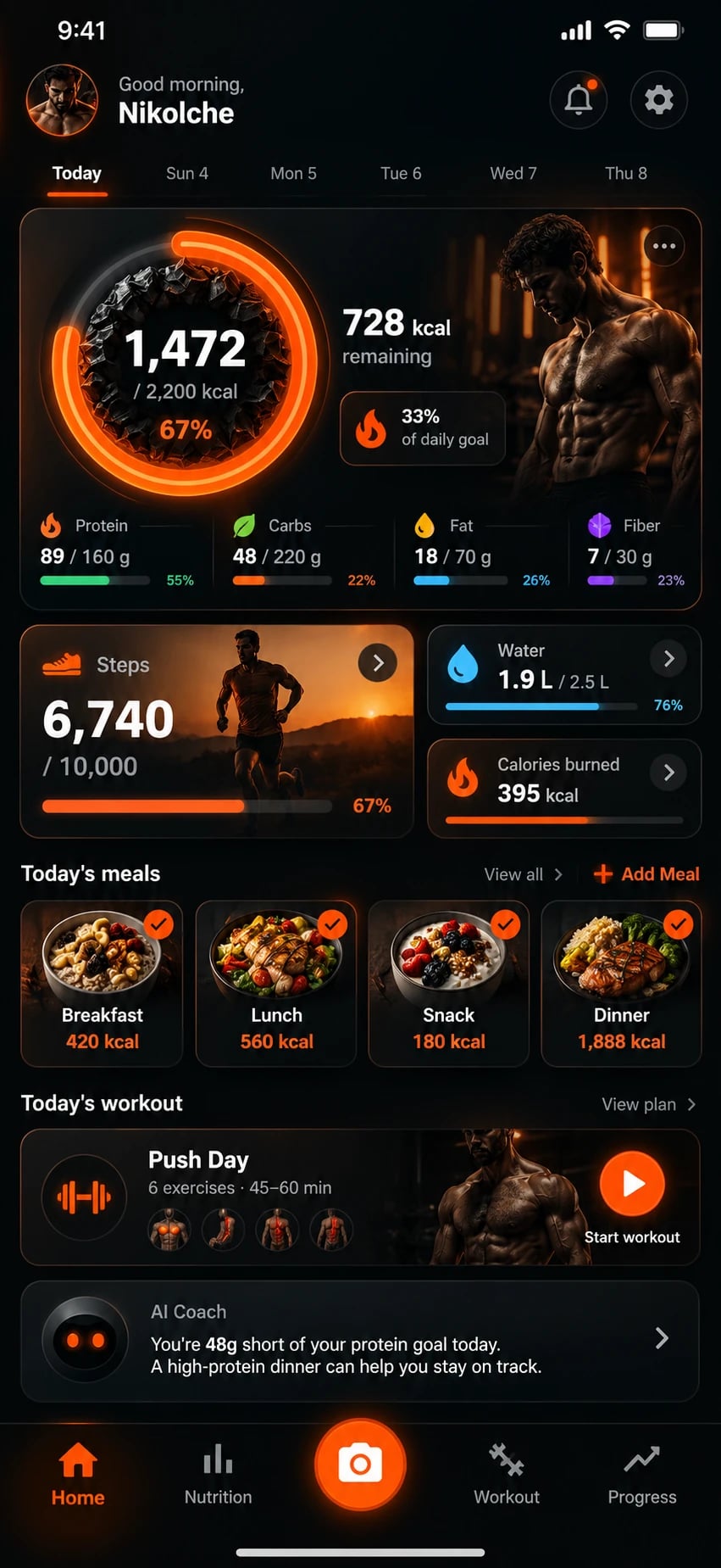 FitMetrio home dashboard showing a 1,472 of 2,200 kcal calorie ring, macro progress, steps, water and today's meals