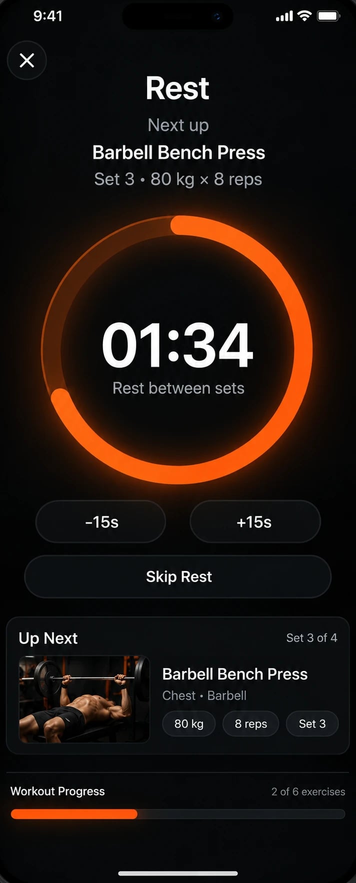 FitMetrio active workout rest timer counting down 01:34 before the next set of barbell bench press