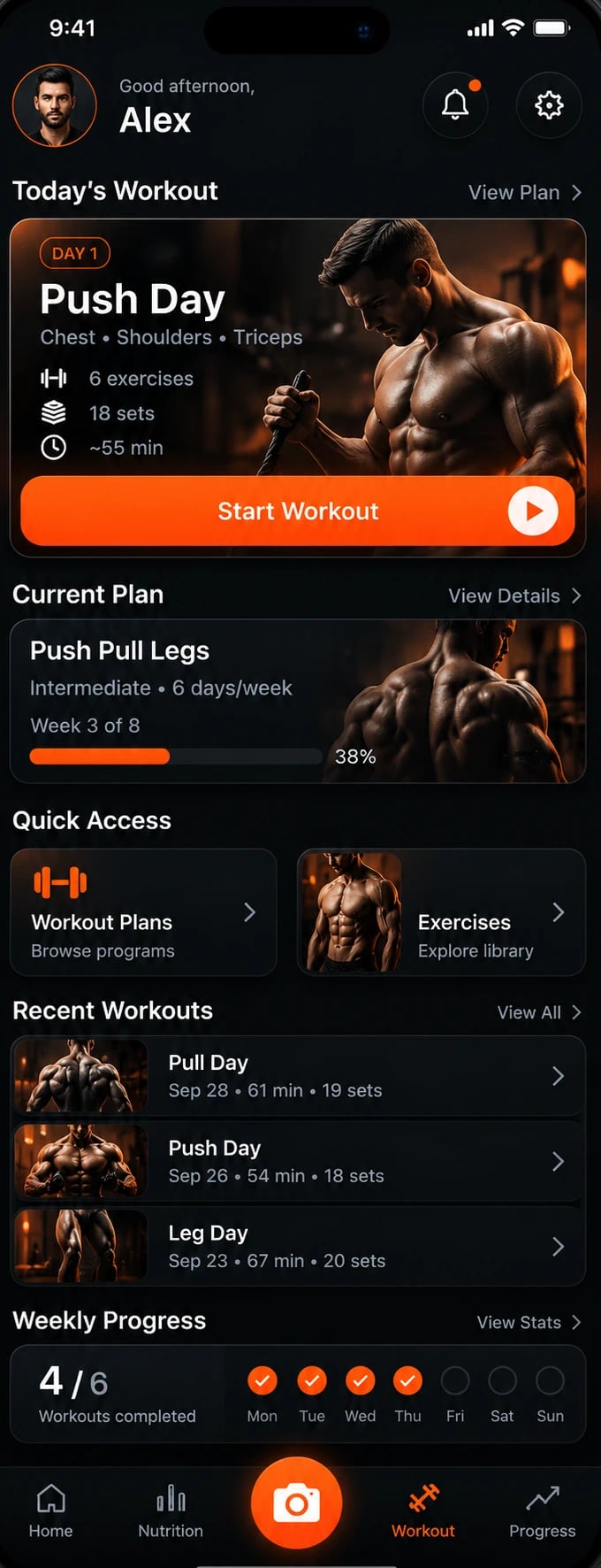 FitMetrio workout screen with today's Push Day session, current Push Pull Legs plan and weekly progress