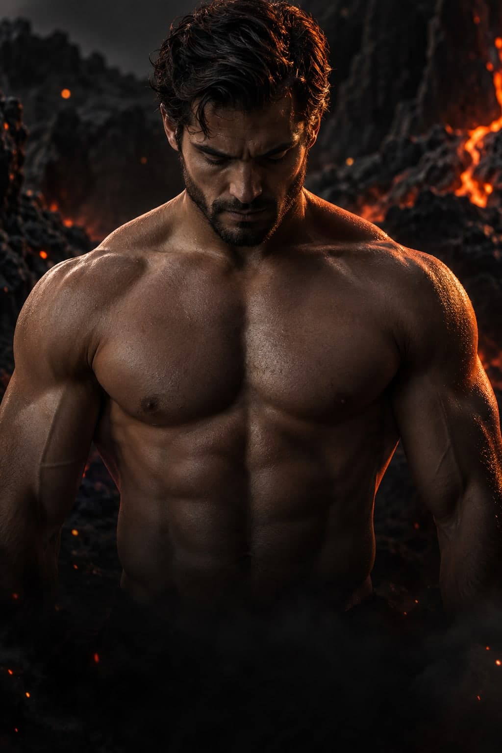 Muscular man with head bowed, lit by glowing embers