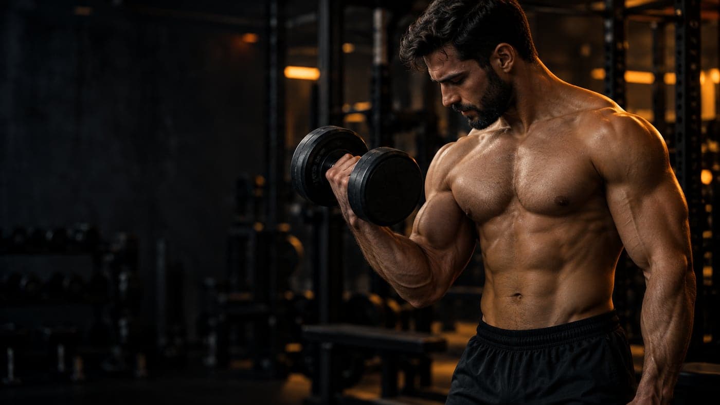 Muscular man preparing for a push day session in a dark gym