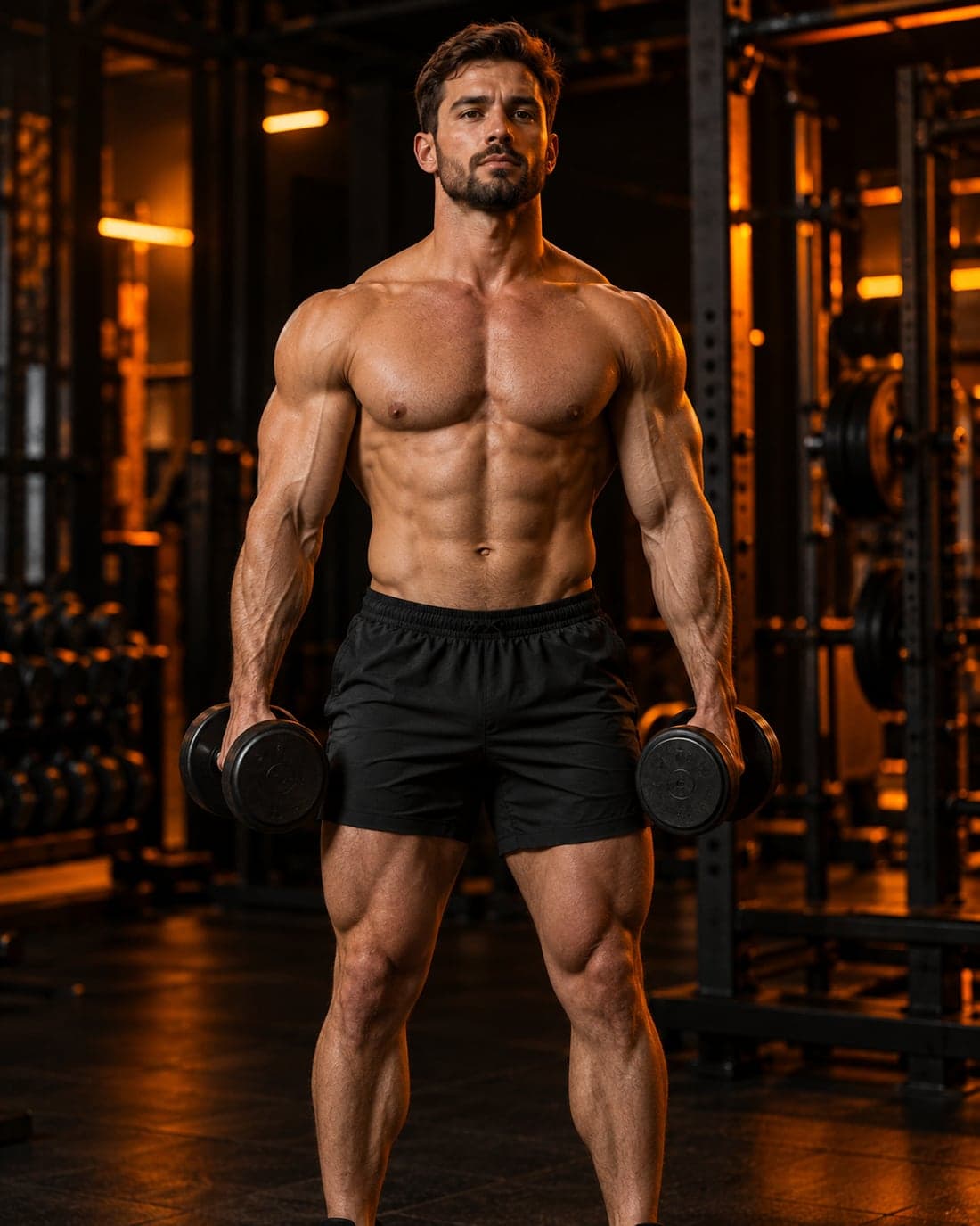 Muscular man holding two dumbbells in a dimly lit gym with orange lights